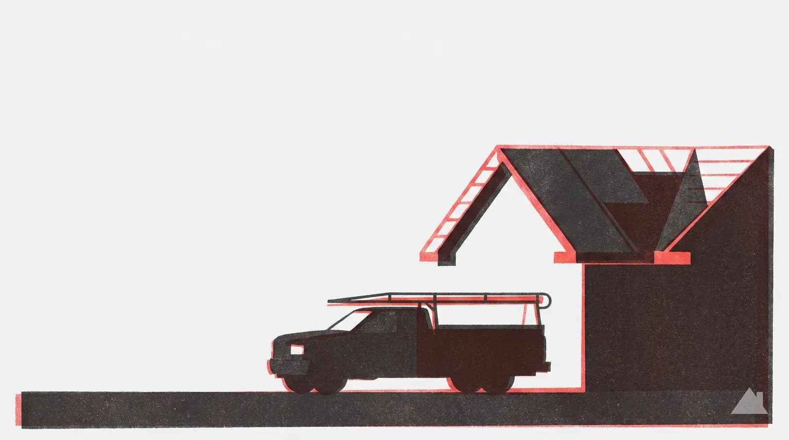 Two-colour print of a roofing truck below a half-laid roof