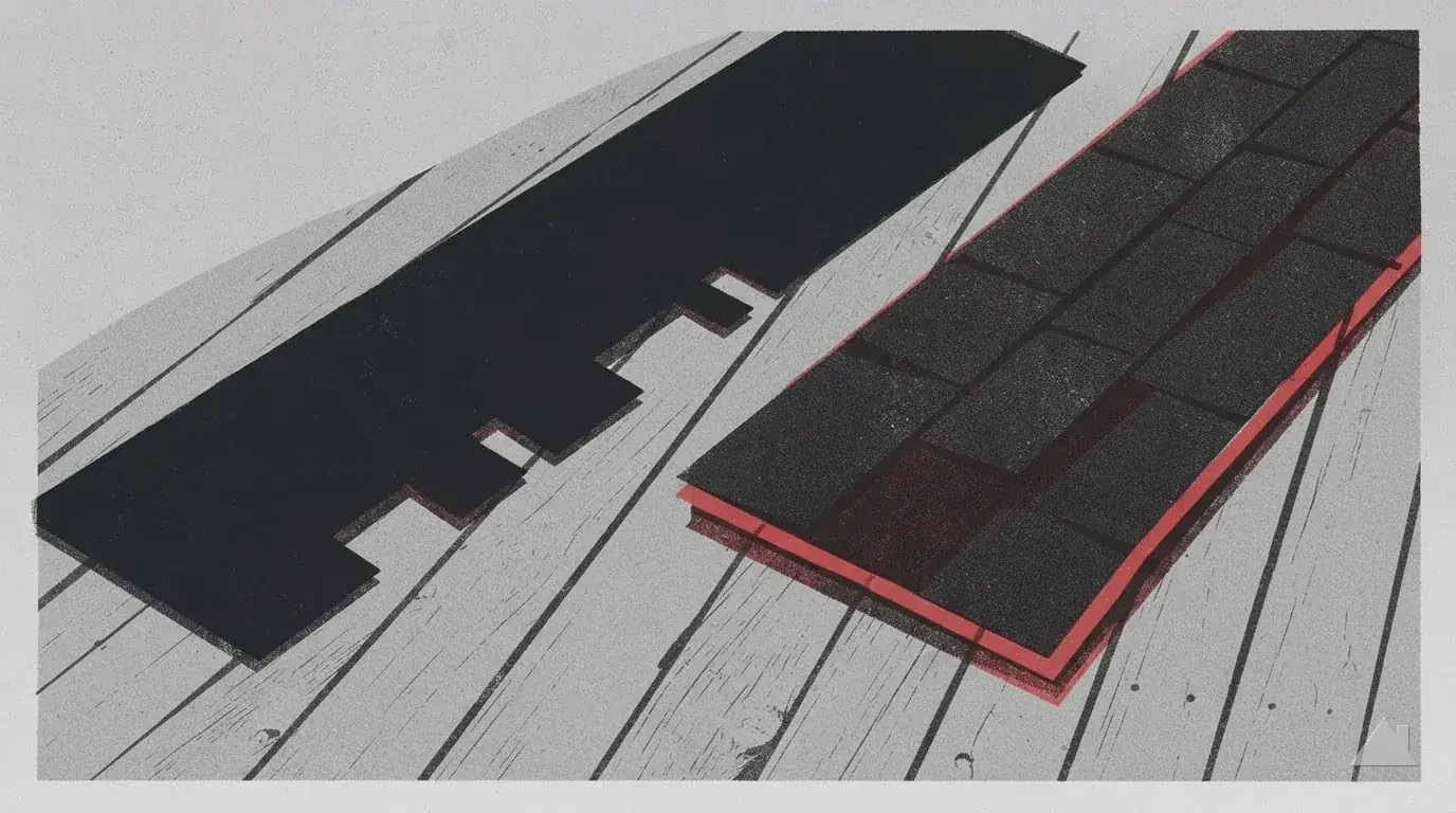 Two-colour print of a slotted three-tab strip beside a two-layer architectural strip on bare deck