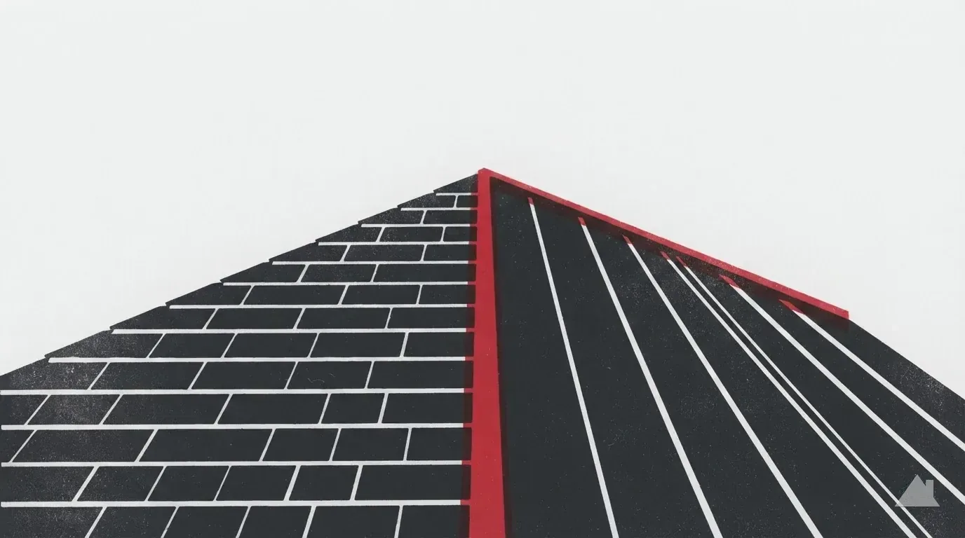 Two-colour print of a roof half shingled and half metal