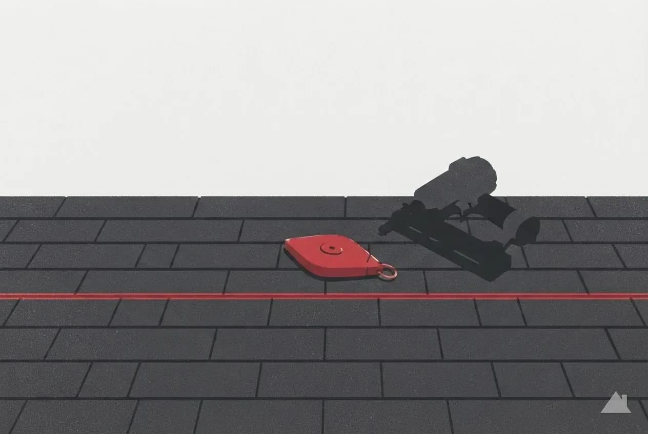 Two-colour print of a nail gun and chalk reel on shingles