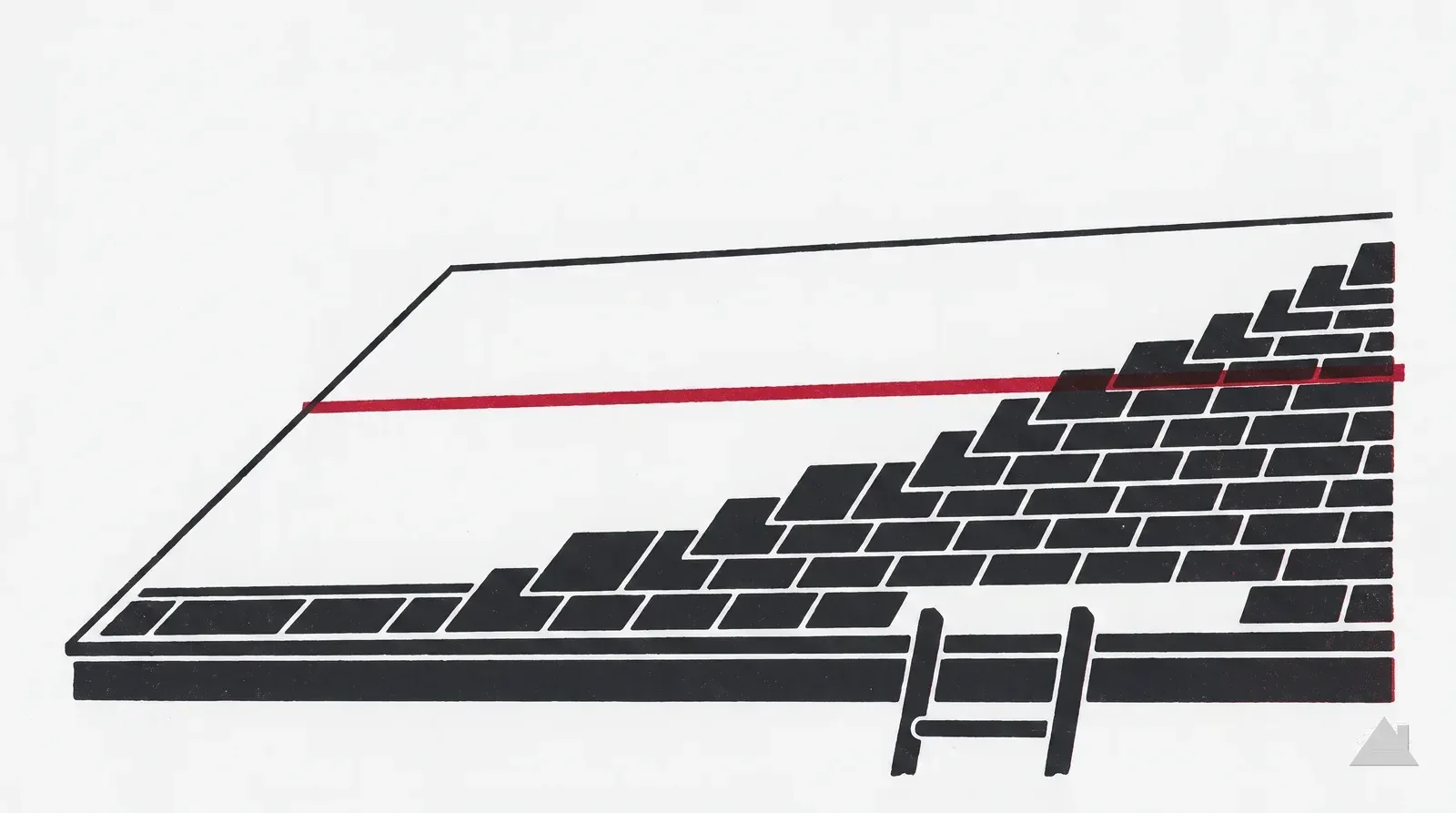 Two-colour print of shingle courses climbing from the eave