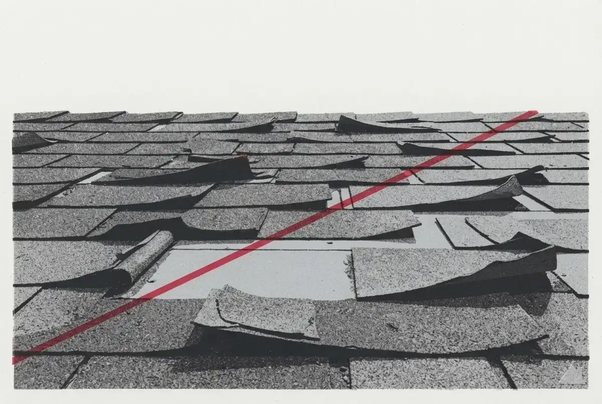 Two-colour print of curled shingle tabs