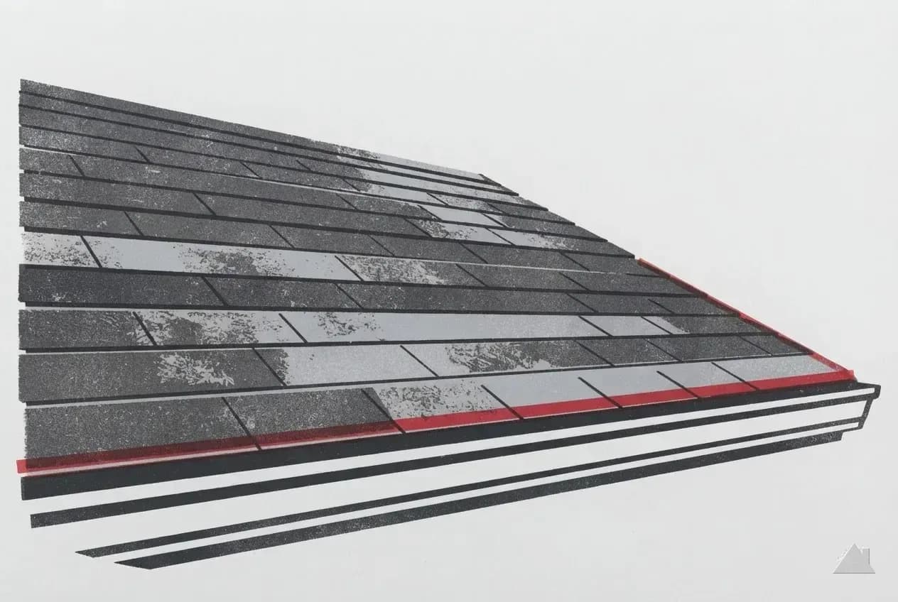 Two-colour print of granule loss above a gutter