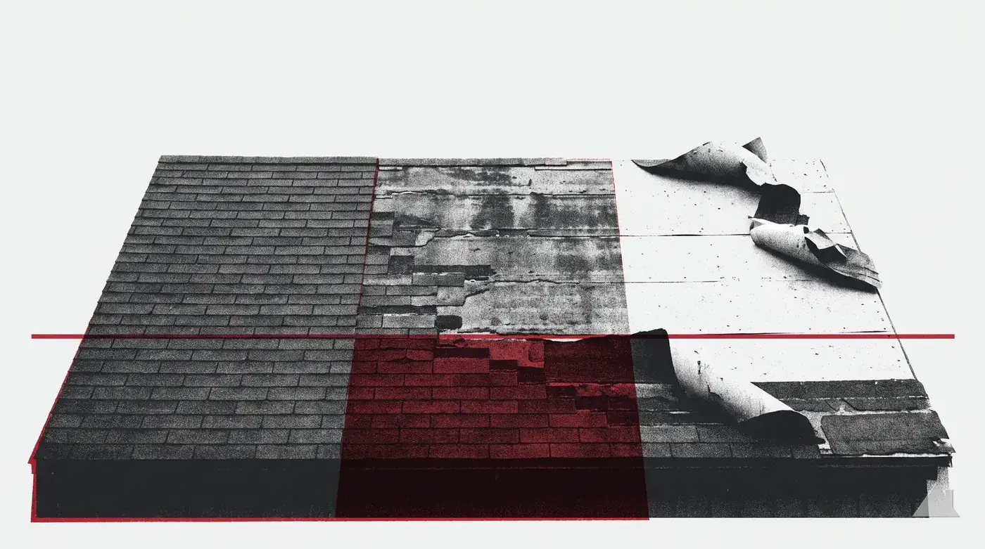 Two-colour print of a shingle roof ageing across three bands