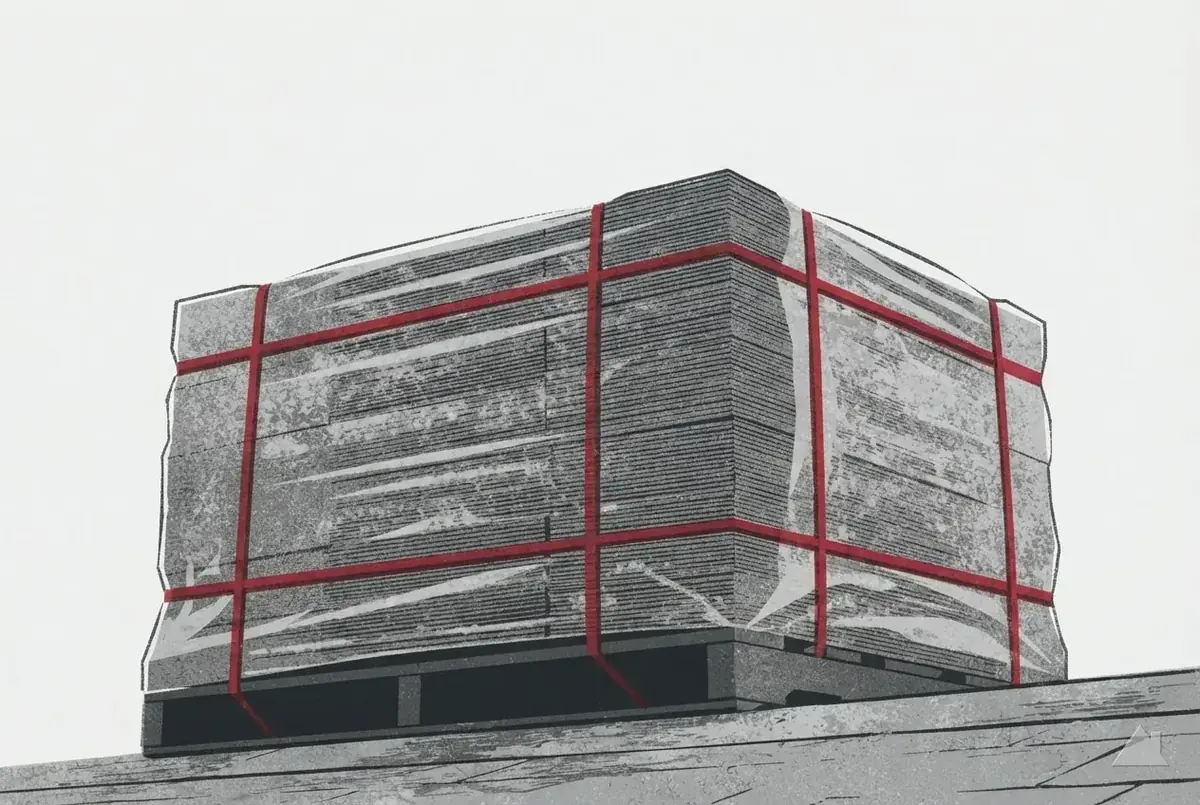 Two-colour print of a banded pallet of shingles