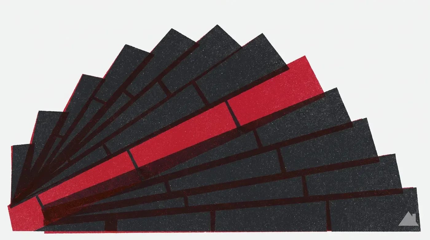 Two-colour print of overlapping asphalt shingle strips