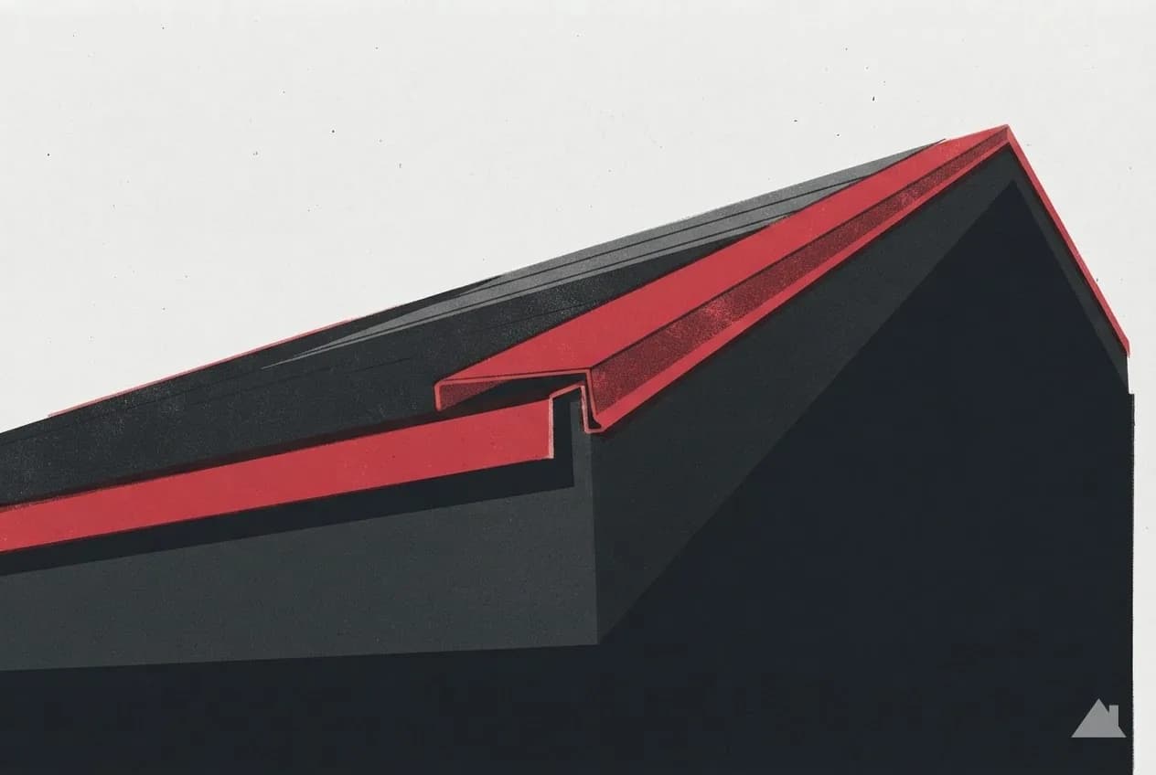 Two-colour print of drip edge lapped over the underlayment at an eave-to-rake corner