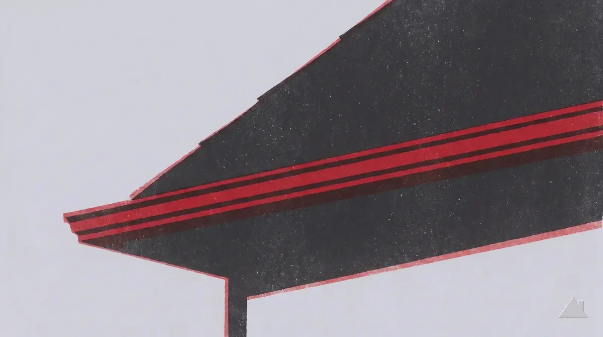 Two-colour print of drip edge along a roof eave