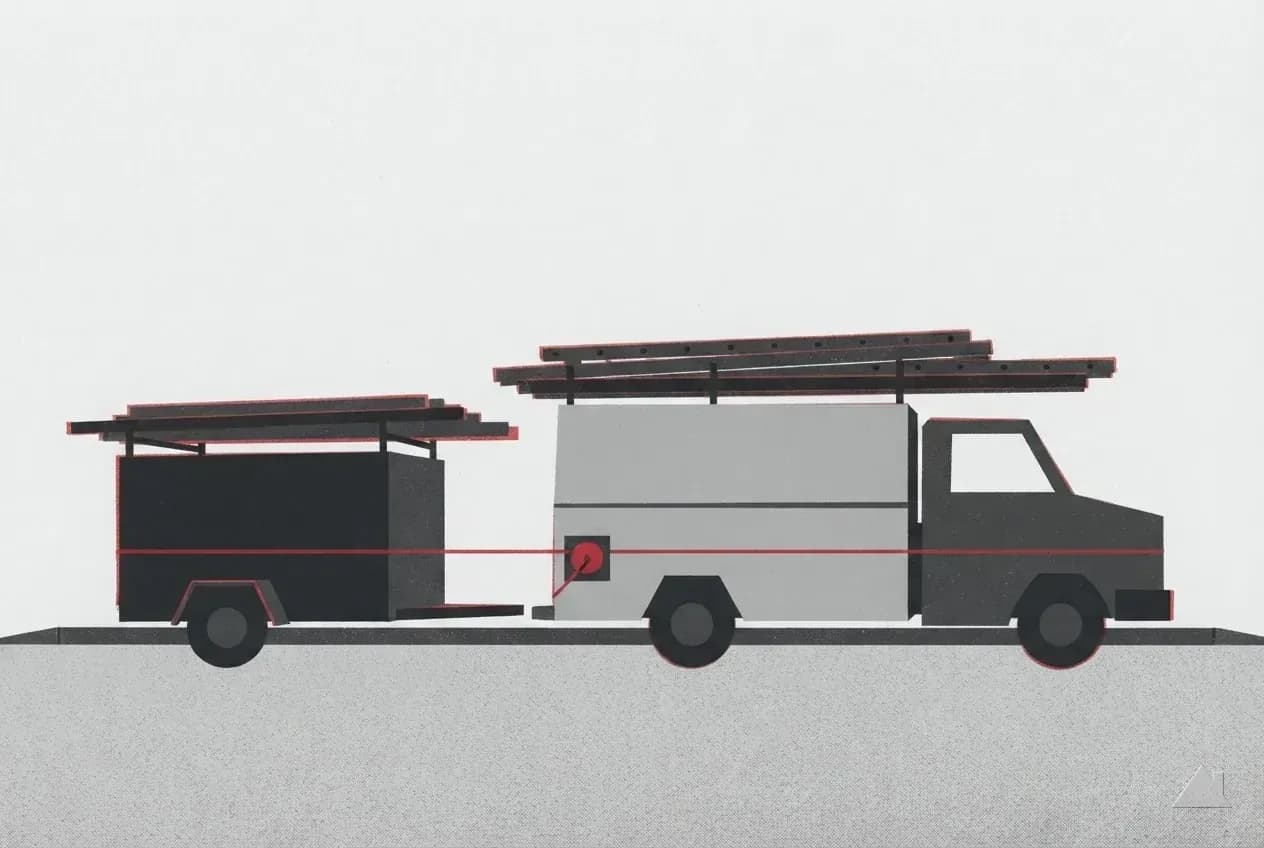 Two-colour print of a roofing truck with racked ladders