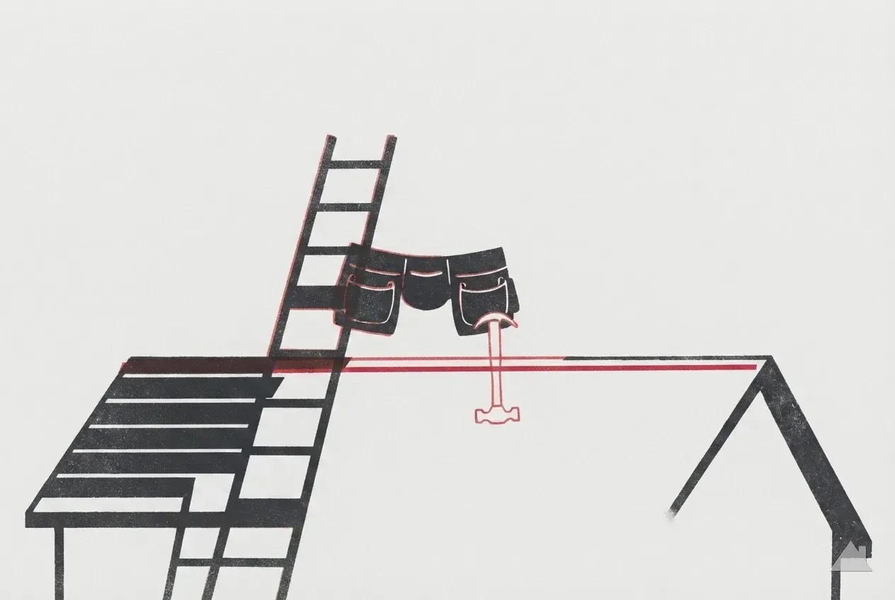 Two-colour print of a tool belt hung on a ladder