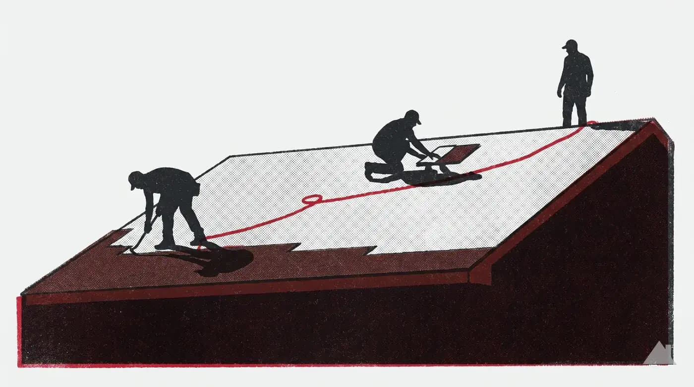 Two-colour print of a roofing crew at three stations
