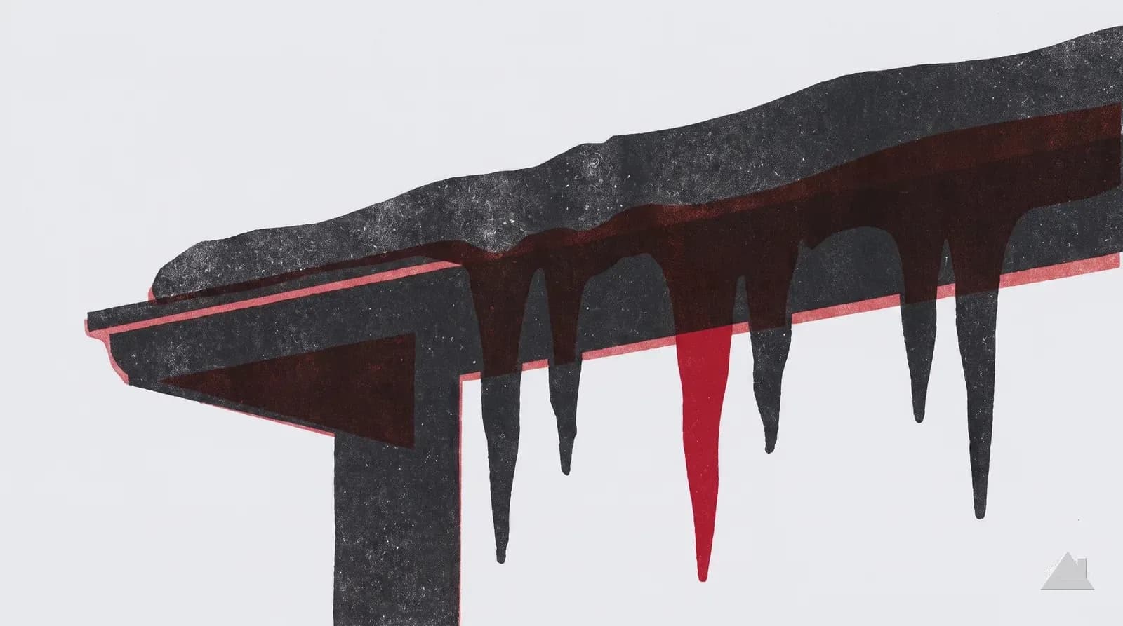 Two-colour print of an ice dam along a roof eave