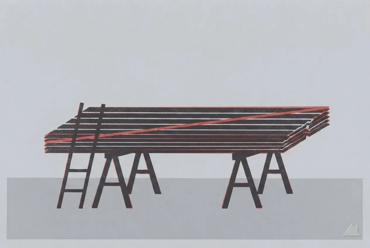 Two-colour print of metal roofing panels on sawhorses