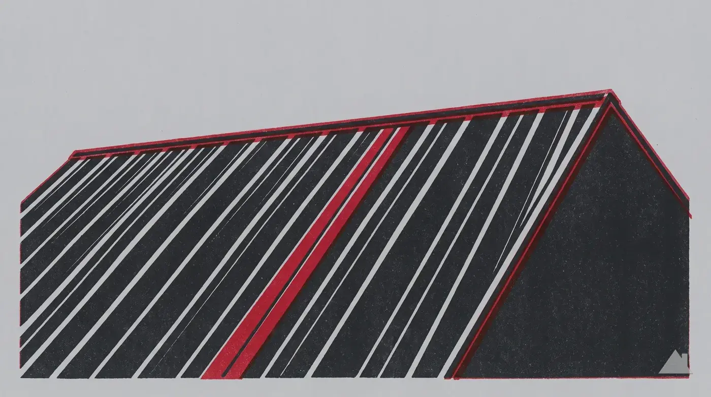Two-colour print of a ribbed metal panel roof