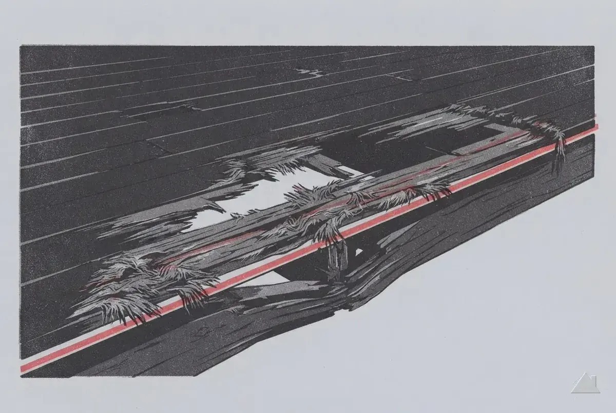 Two-colour print of a rotten deck edge at an eave