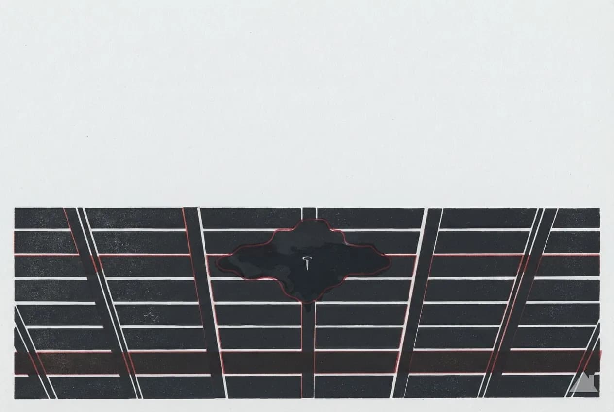 Two-colour print of a water stain on attic ceiling boards, its wet edge marked with a chalk line