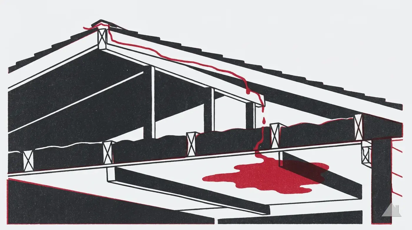 Two-colour print tracing a leak path through a roof cutaway