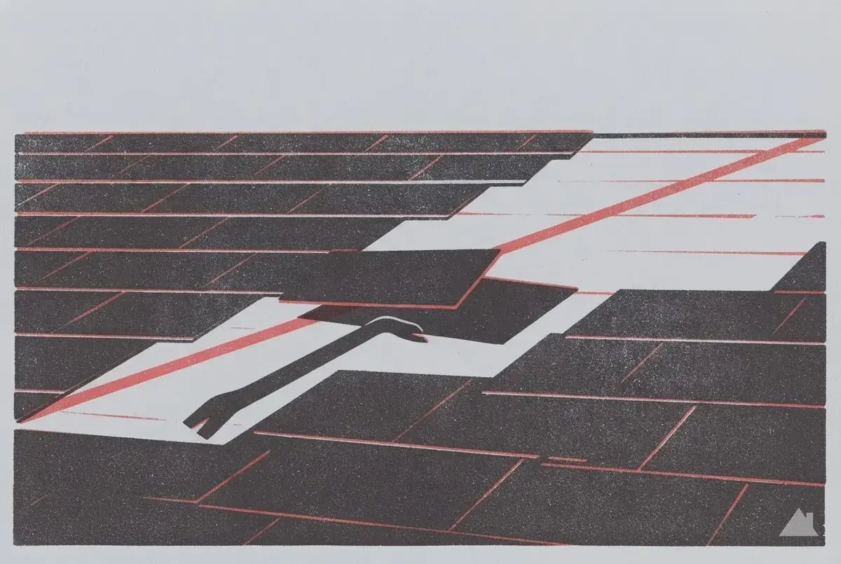 Two-colour print of a shingle tab lifted by a pry bar
