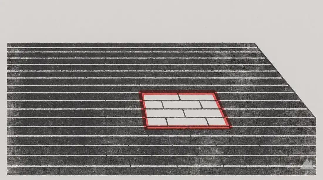 Two-colour print of a patched section of shingle roof