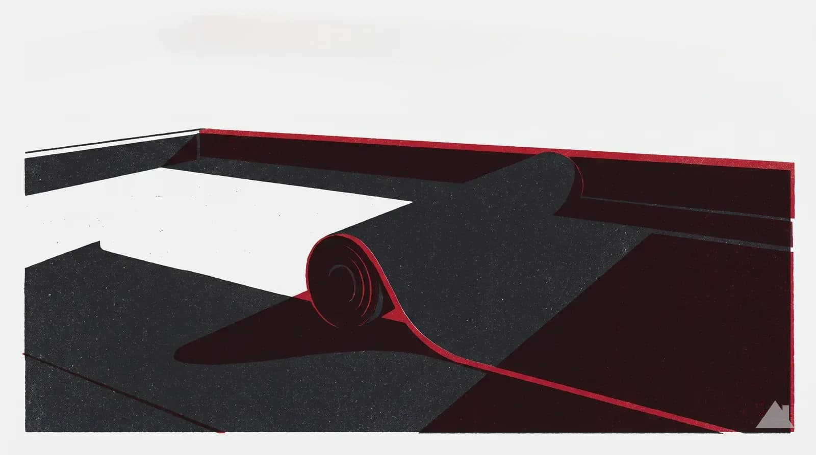 Two-colour print of underlayment being rolled over bare deck