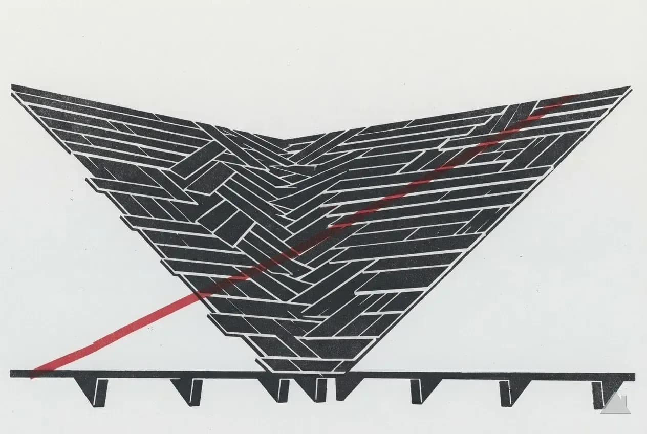 Two-colour print of a woven roof valley