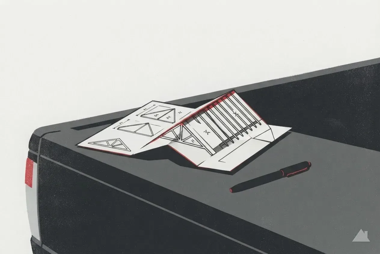 Two-colour print of a roof diagram on a truck tailgate
