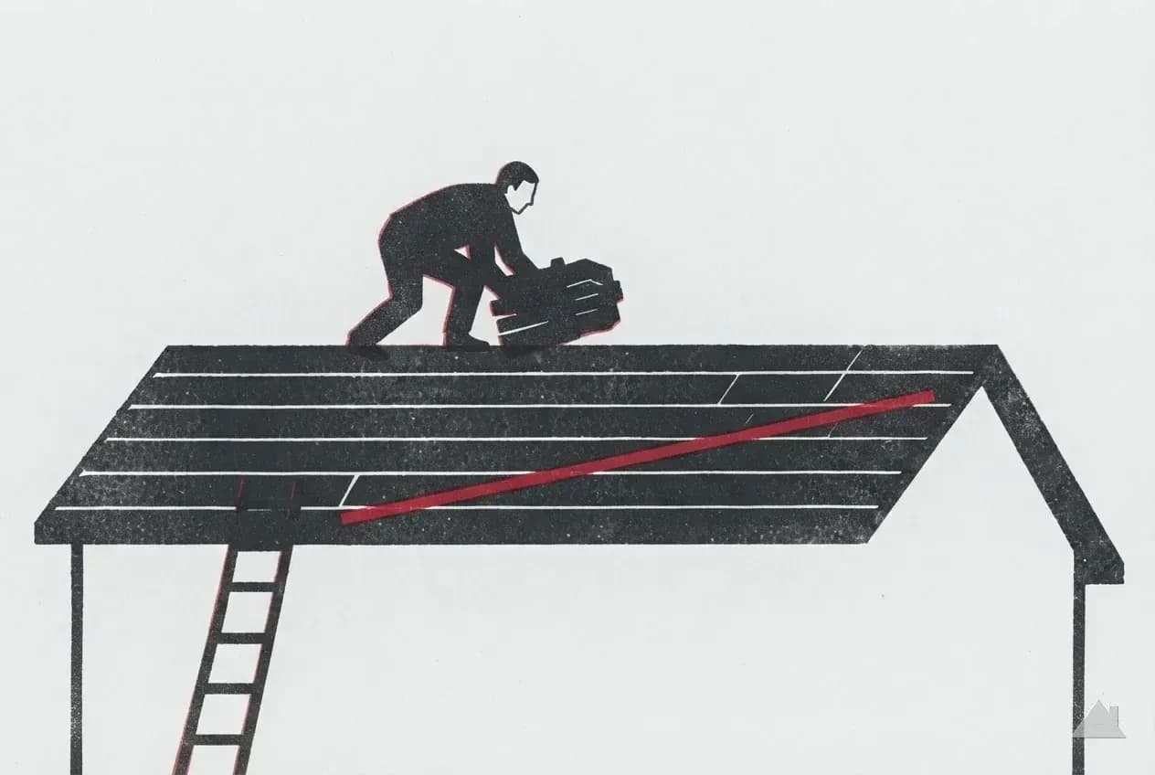 Two-colour print of a roofer carrying a bundle up a ladder