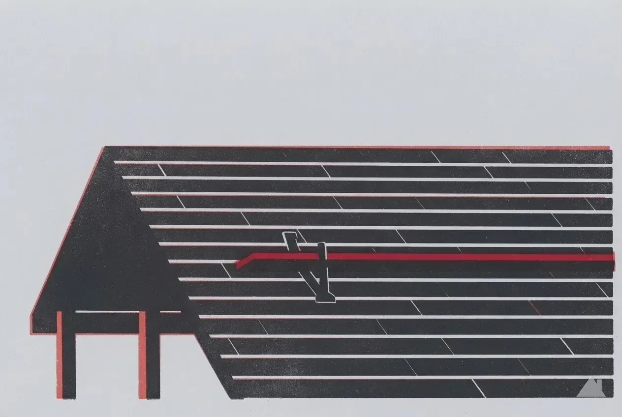Two-colour print of roof jacks and staging on a steep slope