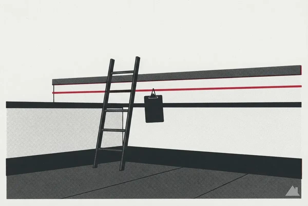 Two-colour print of a ladder and clipboard at the fascia