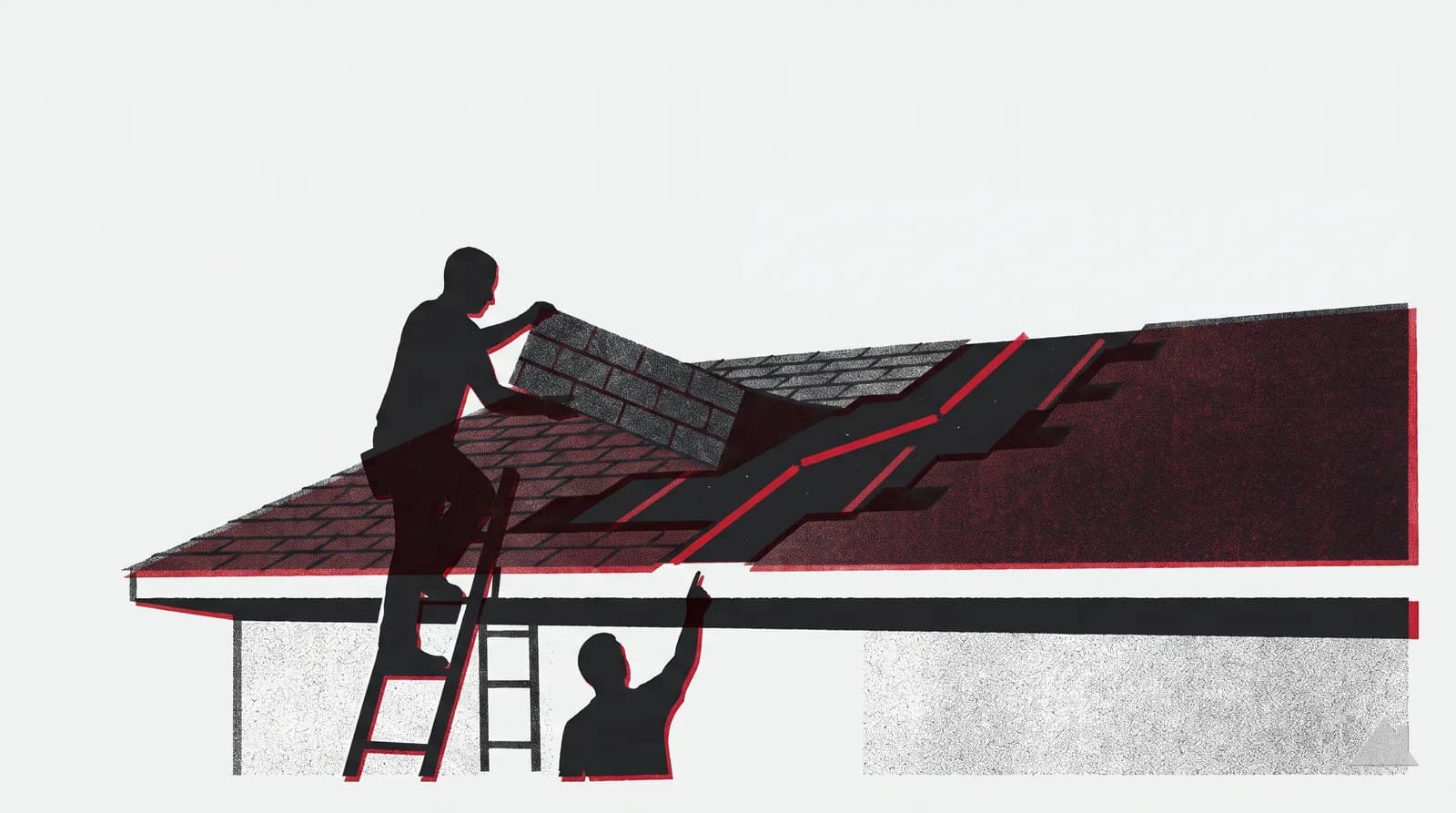 Two-colour print of an inspector on a ladder lifting a shingle course while a second figure points at the exposed deck