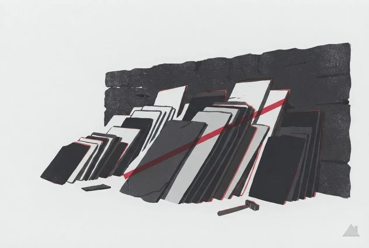 Two-colour print of a stack of roofing slates