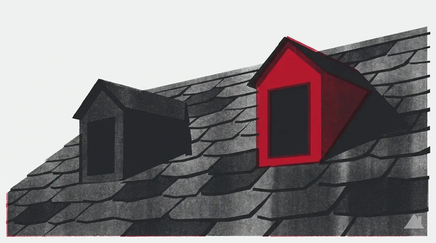 Two-colour print of a steep slate roof with dormers