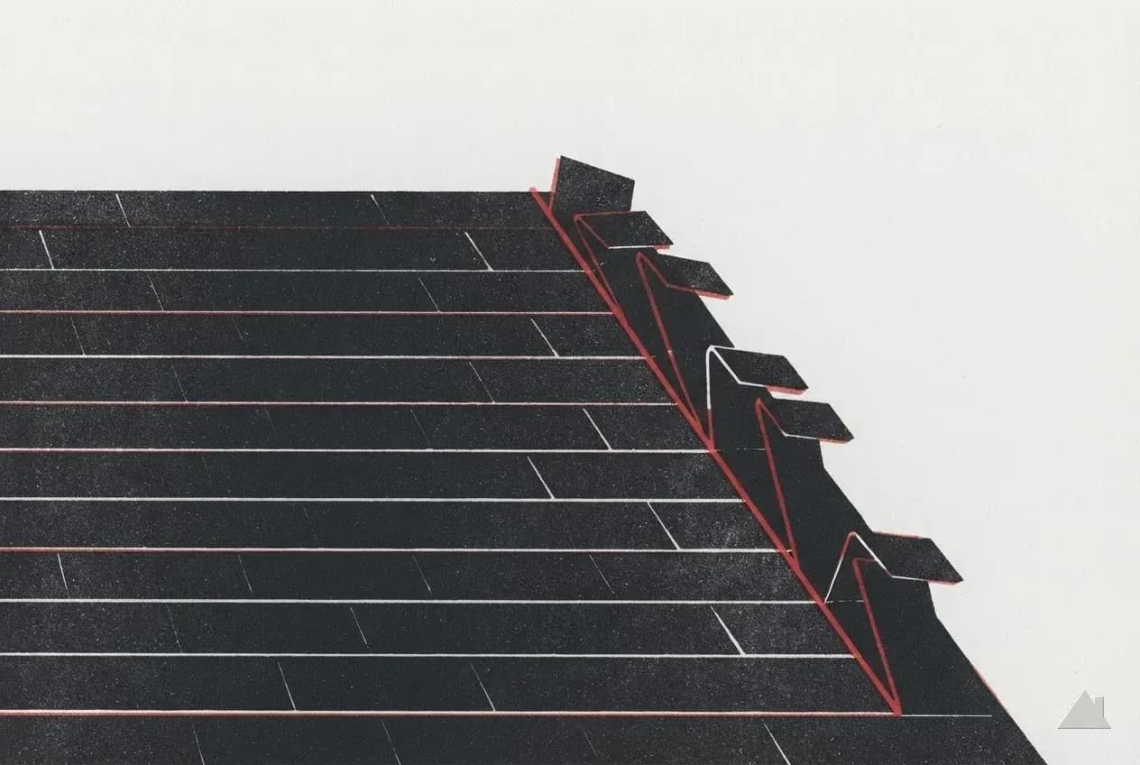 Two-colour print of wind-lifted shingles at a rake