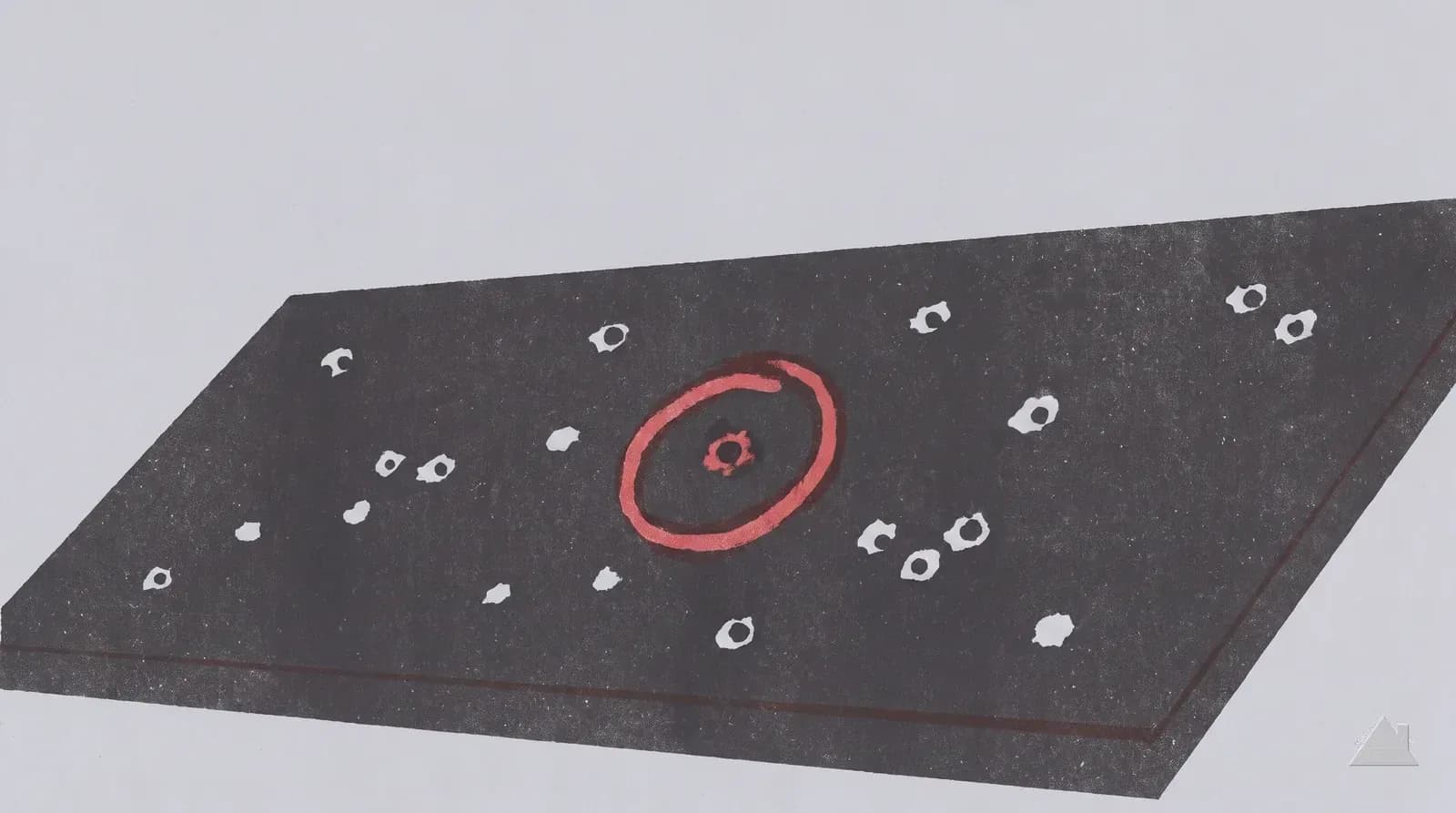 Two-colour print of a hail-marked roof with one mark circled