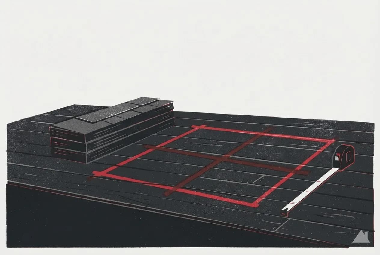 Two-colour print of three shingle bundles beside a marked-out ten-foot square of bare deck, a tape along its edge