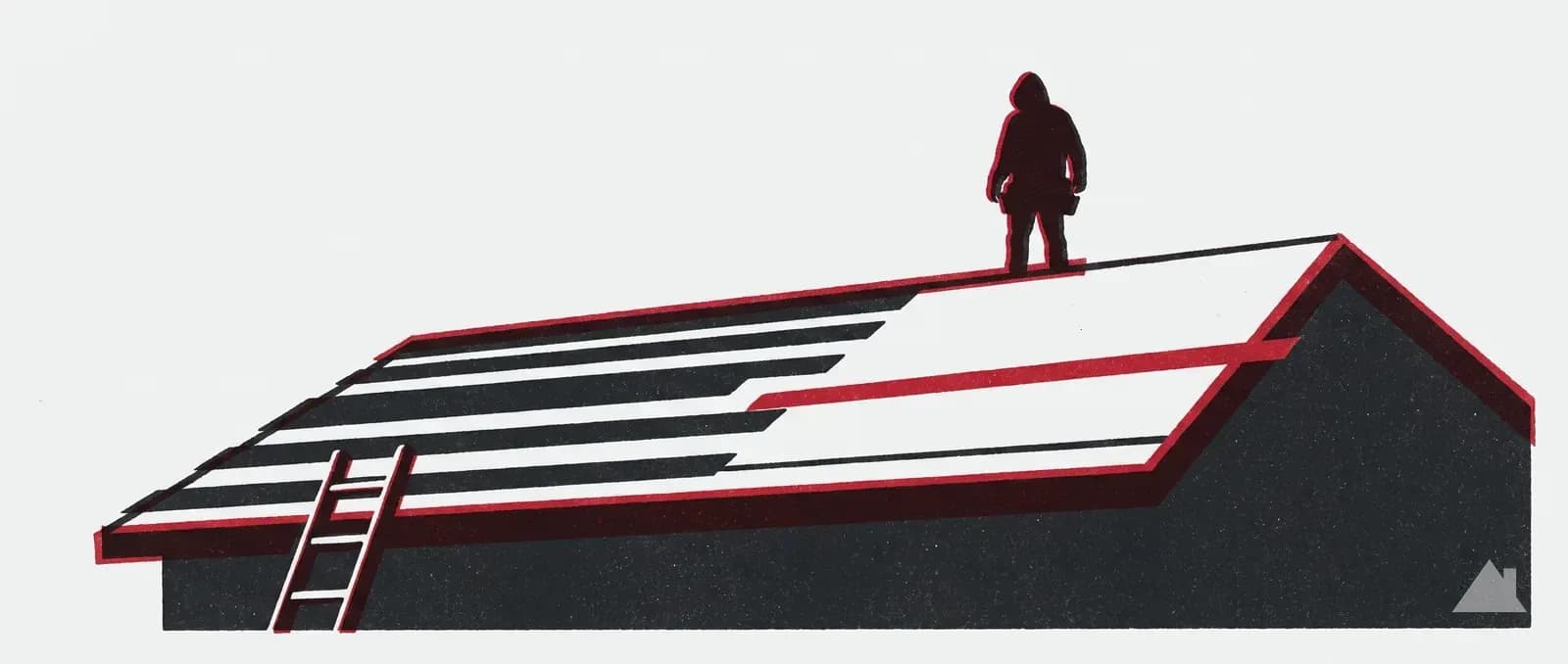 Two-colour print of a roofer standing on a gable ridge at dawn