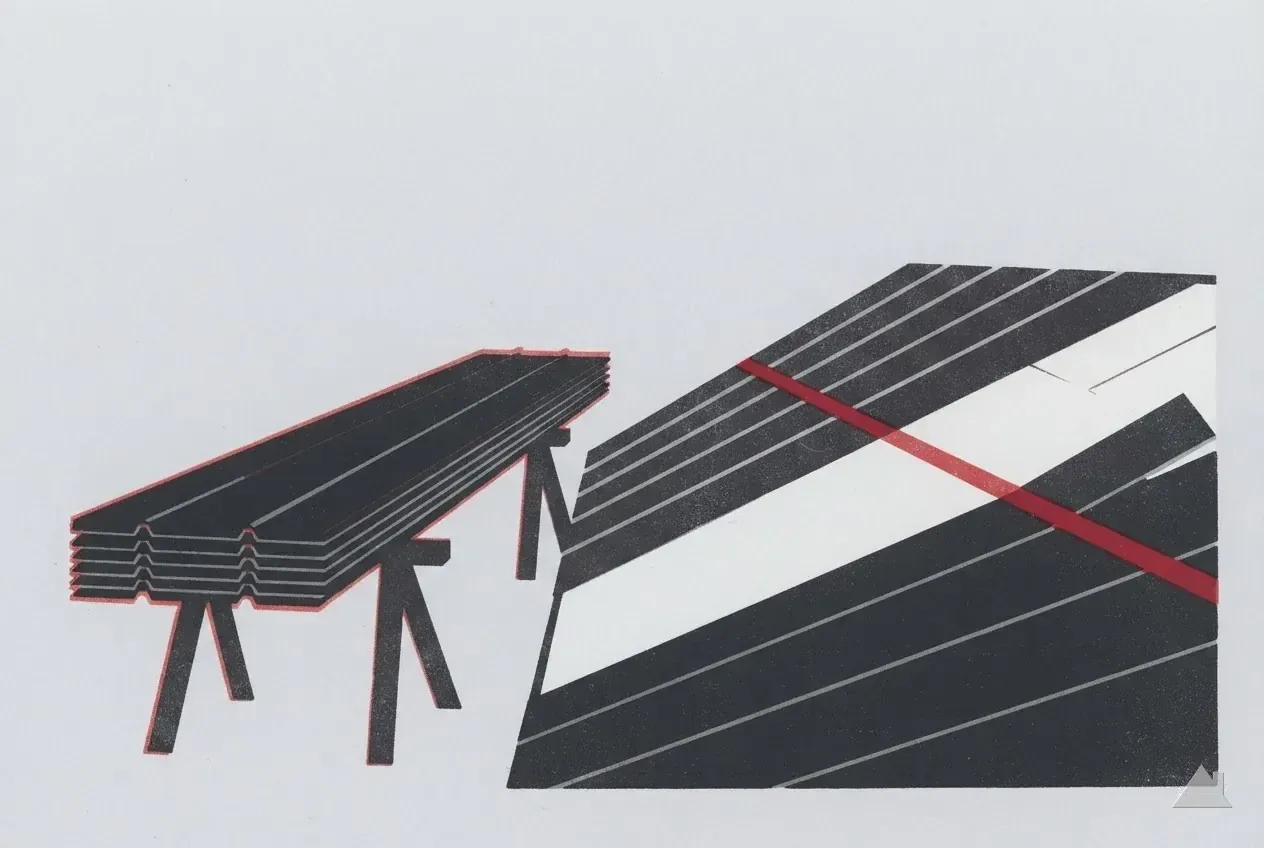 Two-colour print of metal panels beside a partly clad roof