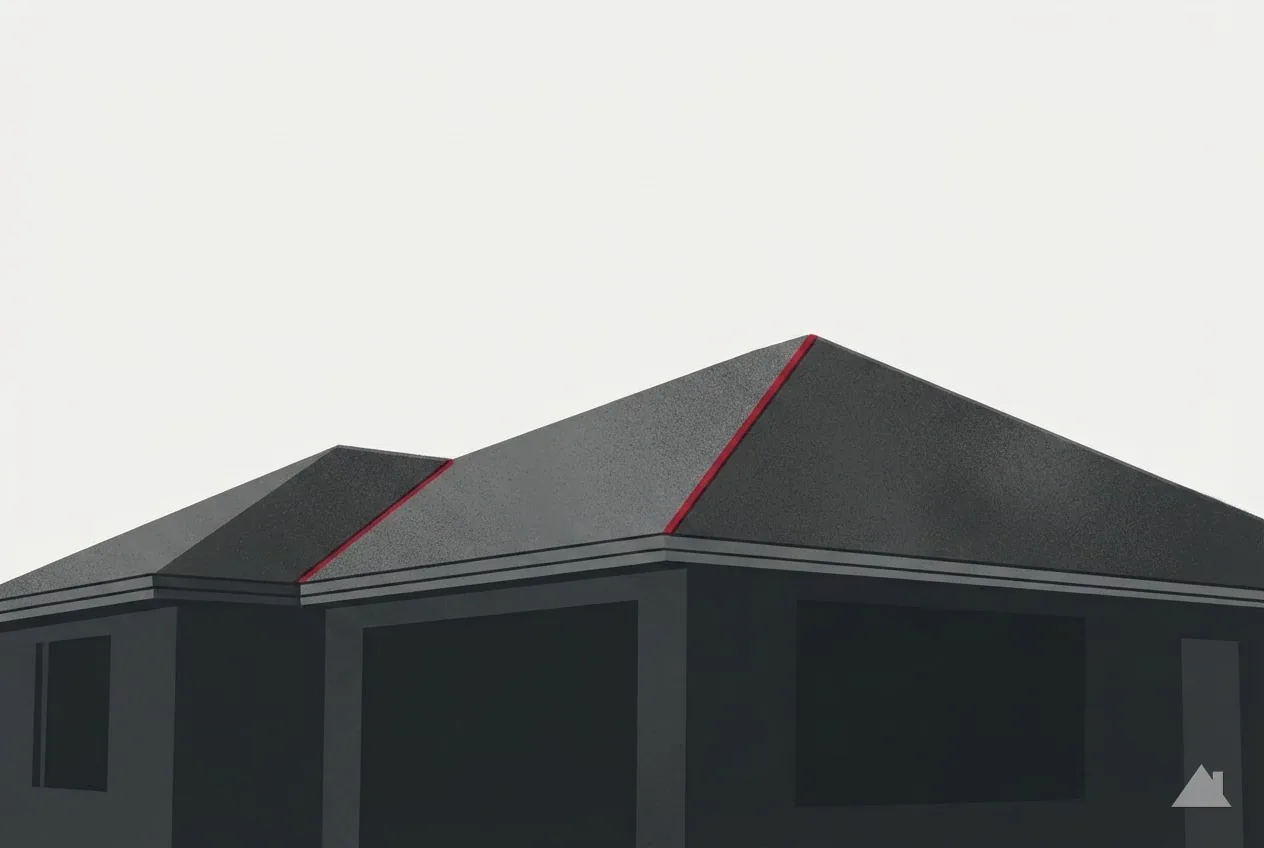Two-colour print of a hip-roofed house, its four roof planes reading as separate tonal areas