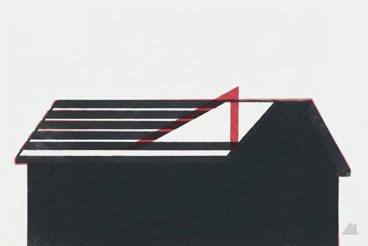 Two-colour print of a rise-over-run triangle drawn on a gable roof slope, the rise leg in red