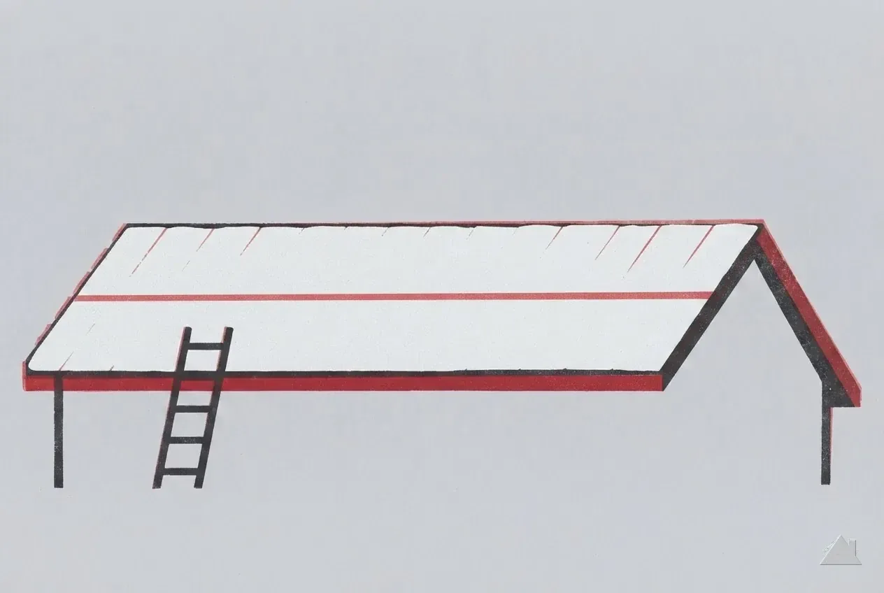 Two-colour print of snow lying on a low-slope roof