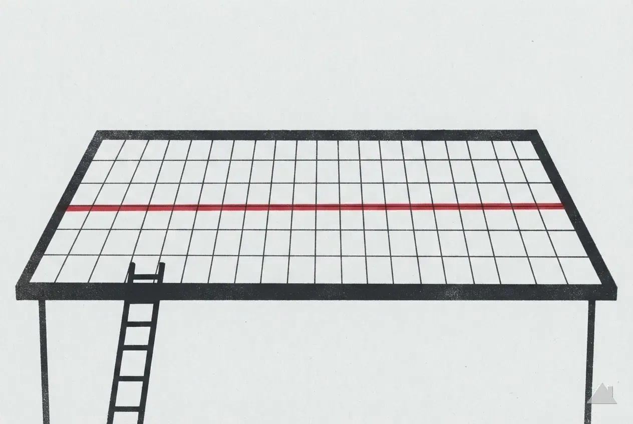 Two-colour print of a roof plan divided into squares