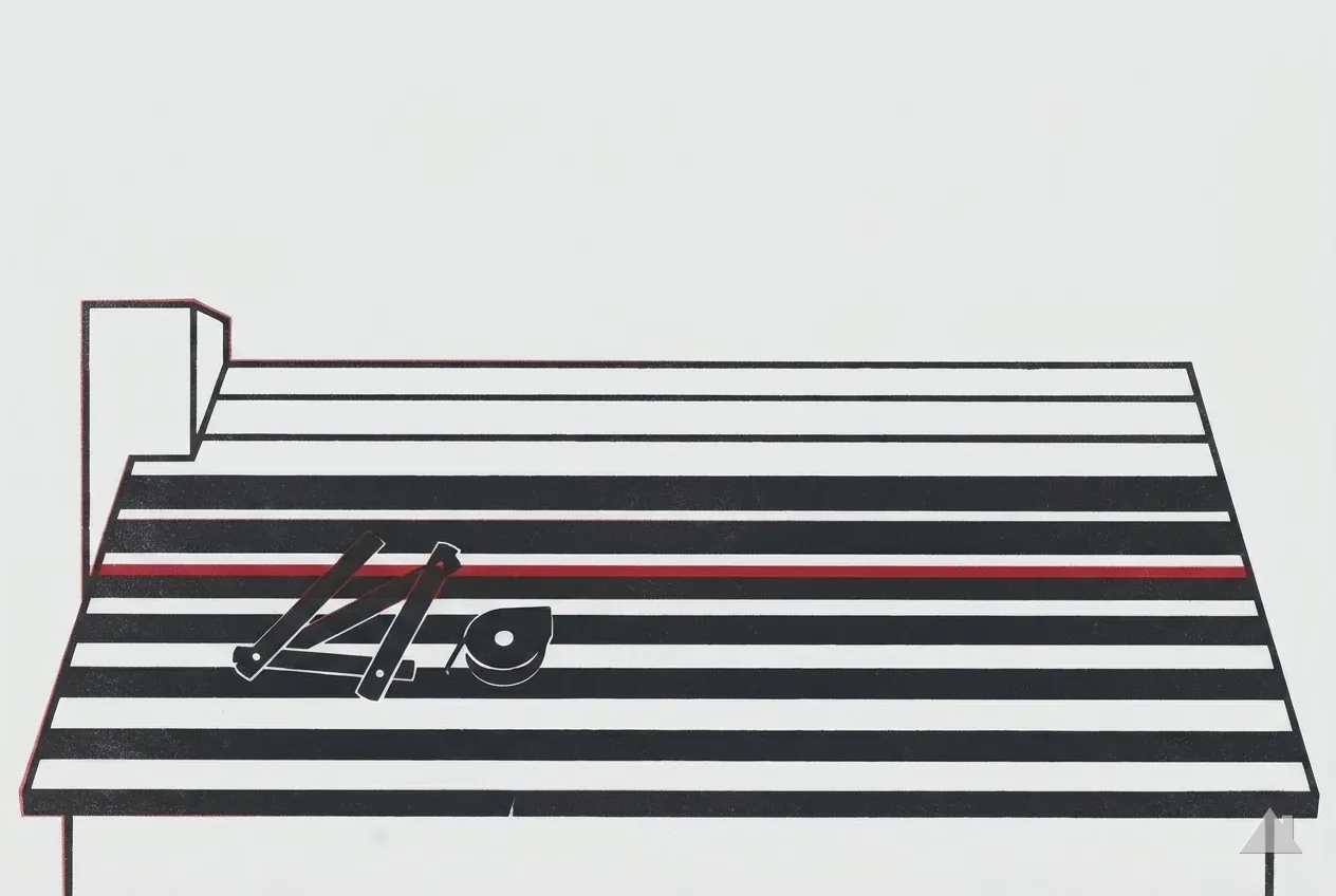 Two-colour print of a chalk reel and folding rule across a measured roof plane, courses counted off in bands