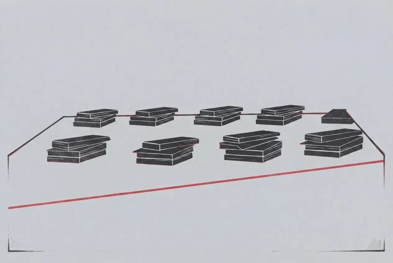 Two-colour print of shingle bundles staged on a roof